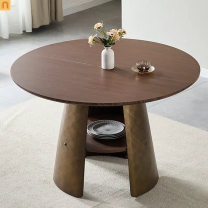 Dining Table Round Walnut Retro Metal Base 47in Storage Shelf Seats 6