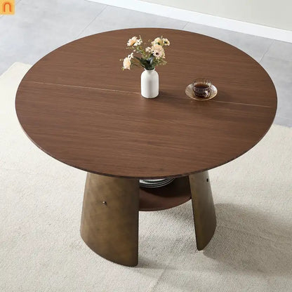 Dining Table Round Walnut Retro Metal Base 47in Storage Shelf Seats 6
