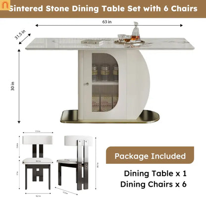 Dining Set Rectangle Stone Top Gold Base 7pc White Velvet Seats 6