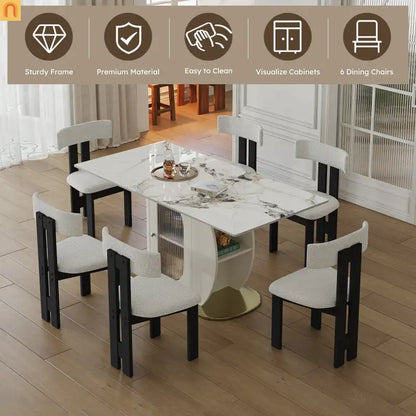 Dining Set Rectangle Stone Top Gold Base 7pc White Velvet Seats 6