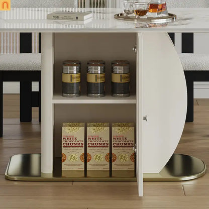 Dining Set Rectangle Stone Top Gold Base 7pc White Velvet Seats 6