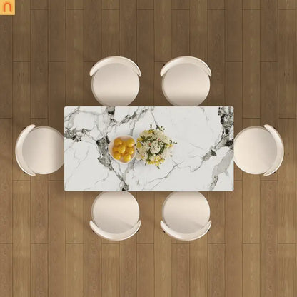 Dining Set Rectangle Stone Top Gold Base 7pc White PU Seats 6