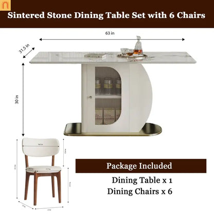 Dining Set Rectangle Stone Top Gold Base 7pc White PU Seats 6