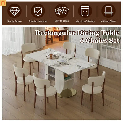 Dining Set Rectangle Stone Top Gold Base 7pc White PU Seats 6