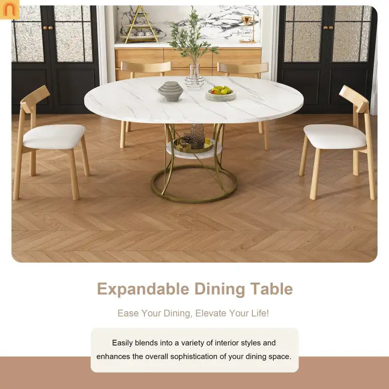 Oval Marble Dining Set Extendable White Gold Base Seats 6
