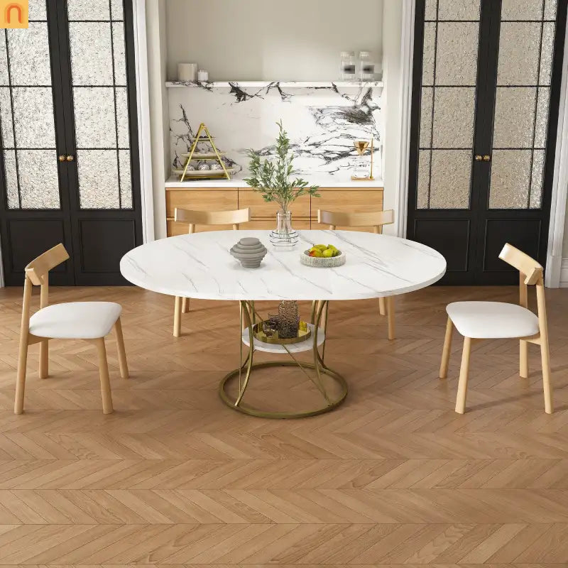 Oval Marble Dining Set Extendable White Gold Base Seats 6