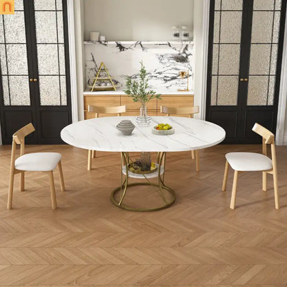 Oval Marble Dining Set Extendable White Gold Base Seats 6