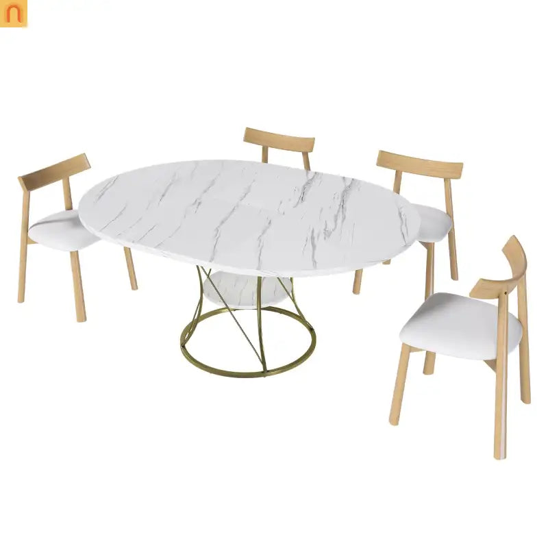 Oval Marble Dining Set Extendable White Gold Base Seats 6