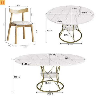 Oval Marble Dining Set Extendable White Gold Base Seats 6