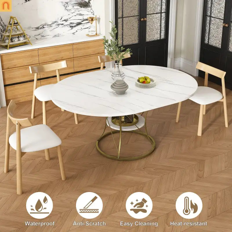 Oval Marble Dining Set Extendable White Gold Base Seats 6