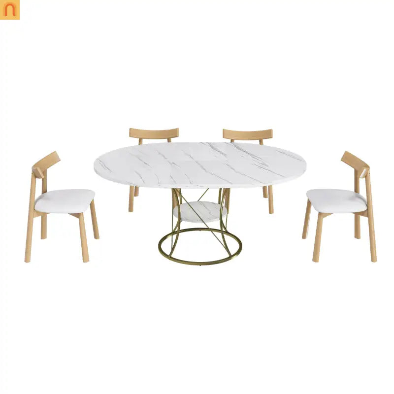 Oval Marble Dining Set Extendable White Gold Base Seats 6
