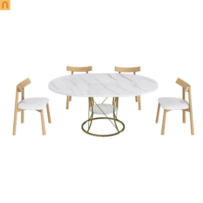 Oval Marble Dining Set Extendable White Gold Base Seats 6