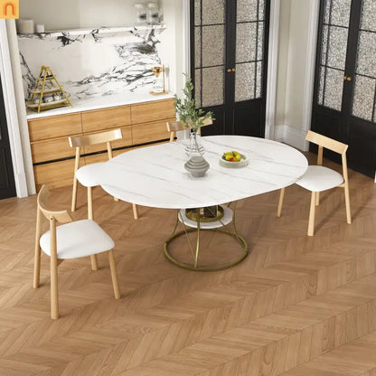 Oval Marble Dining Set Extendable White Gold Base Seats 6