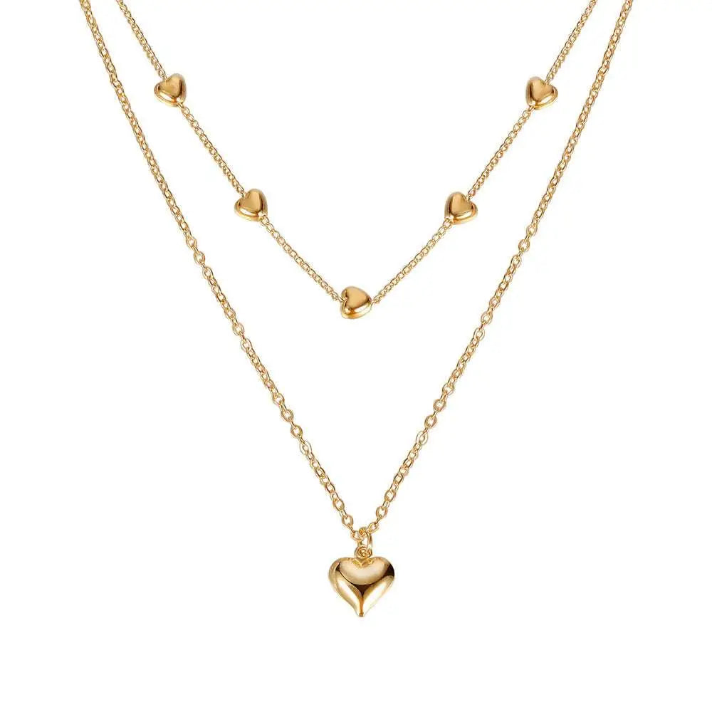 Double Layer Heart Pendant Fine Chain Necklace
