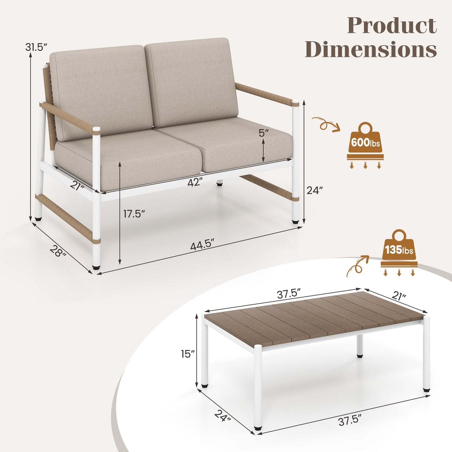 Patio Loveseat Sofa with Coffee Table Set with Thick Cushions