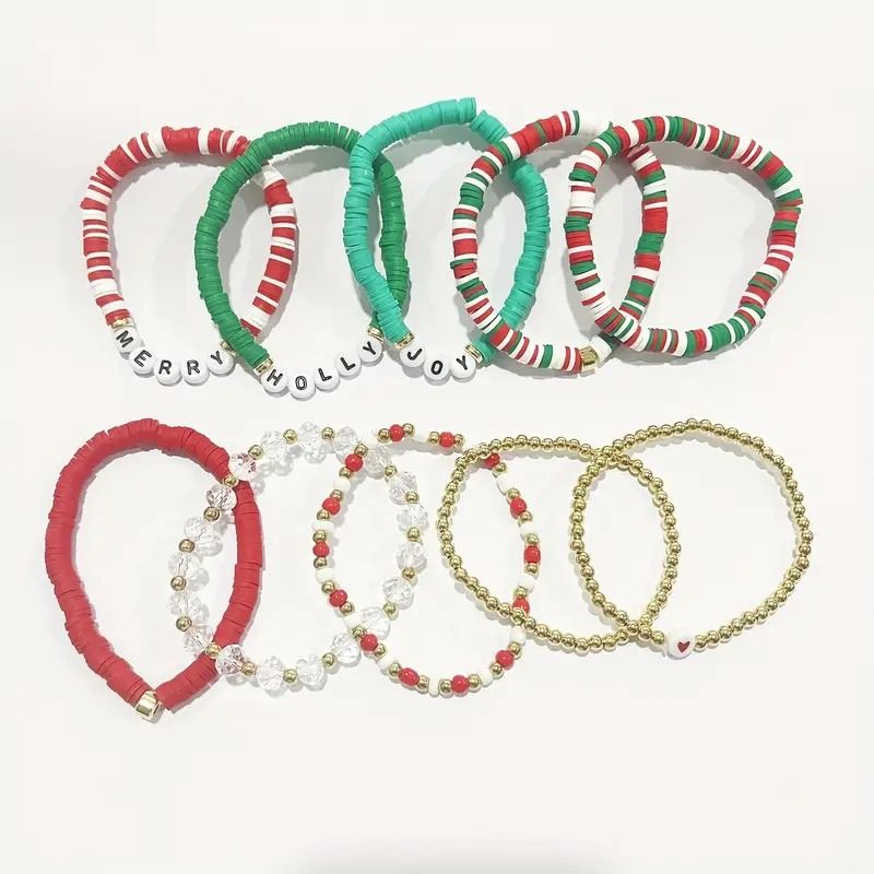 10-Pack Christmas Holiday Bracelet Set - Festive Polymer Clay Heishi Stretch Bracelets with Joyful Messages | Plastic Bead Jewelry Gift for Women | Seasonal Party Accessories