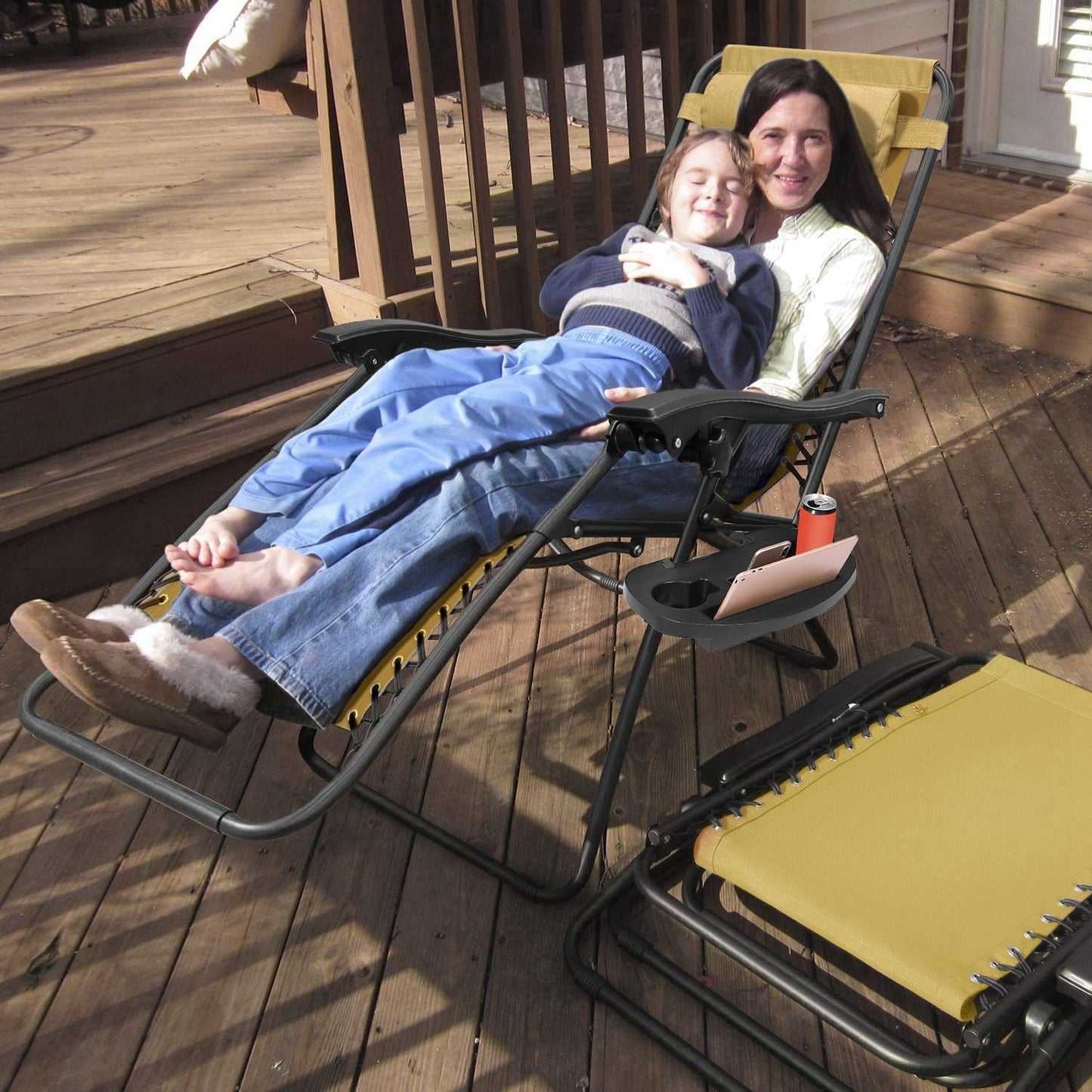 2Packs Zero Gravity Lounge Chair w/ Dual Side Tray 330lbs Load Foldable Recliner Chair w/ Stress Relief Pillow Patio Poolside Beach Lying Chair