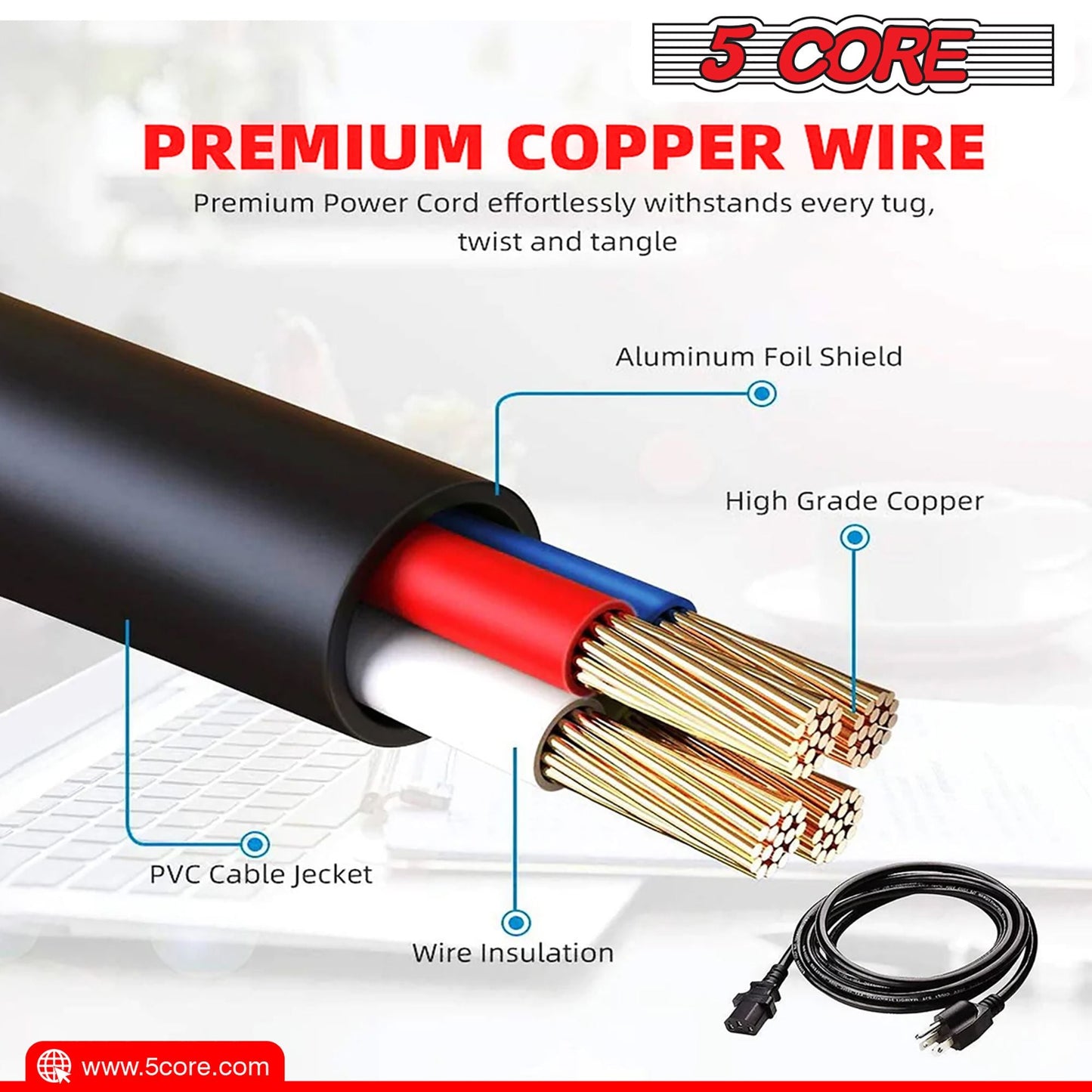 12ft 3 Prong Non-Polarized AC Wall Power Cable Cord for HP Dell Samsung Sony Asus Acer Toshiba Laptop Charger LED LCD Monitor Replacement Power Cord PL 1002