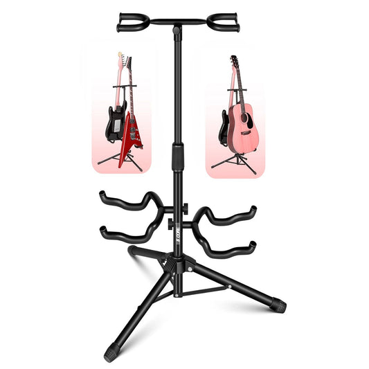 Guitar Stand Adjustable Double Guitars Stands Floor w Neck Holder Universal Supports for Acoustic Electric Classic Bass Instrument Folding Portable Black - GSH 2N1