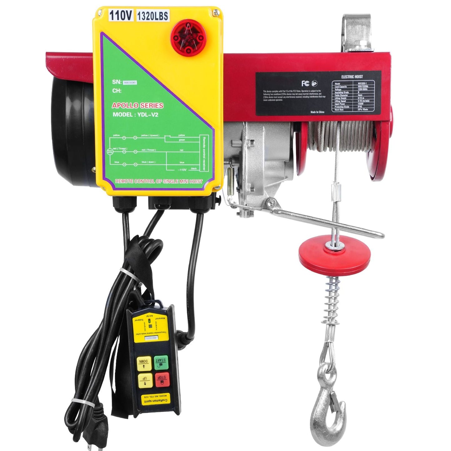 Electric Hoist, 1320 lbs Lifting Capacity, 1150W 110V Electric Steel Wire Winch with Wireless Remote Control, 40ft Single Cable Lifting Height & Pure Copper Motor, for Garage Warehouse Factory