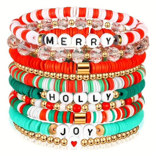 10-Pack Christmas Holiday Bracelet Set - Festive Polymer Clay Heishi Stretch Bracelets with Joyful Messages | Plastic Bead Jewelry Gift for Women | Seasonal Party Accessories