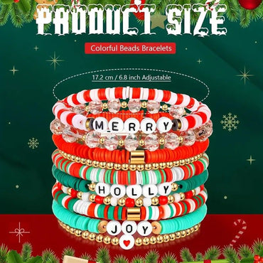 10-Pack Christmas Holiday Bracelet Set - Festive Polymer Clay Heishi Stretch Bracelets with Joyful Messages | Plastic Bead Jewelry Gift for Women | Seasonal Party Accessories