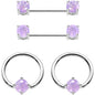 Purple CZ Gem Captive Ring Straight Barbell Nipple Ring Set