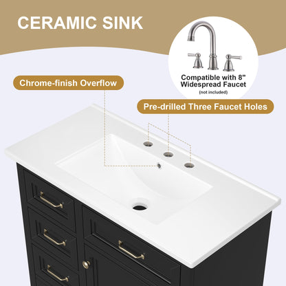 36-Inch Bathroom Vanity with Ceramic Sink Top, 4 Drawers and 1 Soft-Close Door