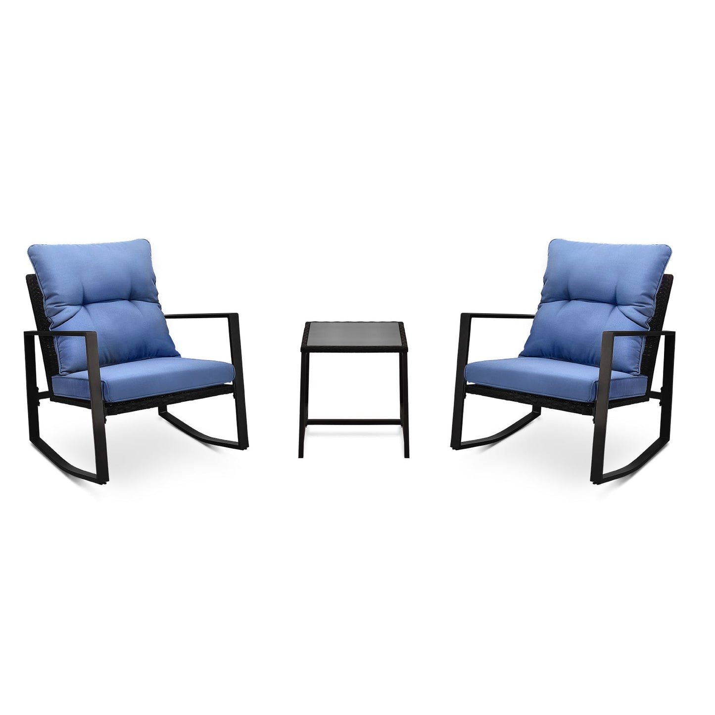 Outdoor Bistro Set Wicker Iron Blue 3 Piece Rocking Chairs Cushions Seats 2