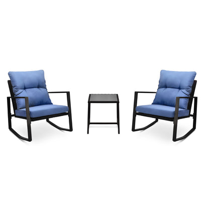 Outdoor Bistro Set Wicker Iron Blue 3 Piece Rocking Chairs Cushions Seats 2