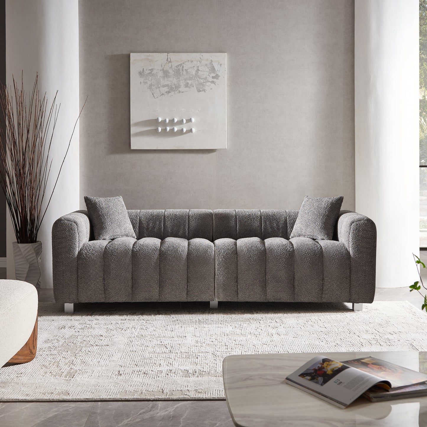 Sofa Modular Velvet Teddy Gray 3 Seat Metal Legs 87 In 750 LB