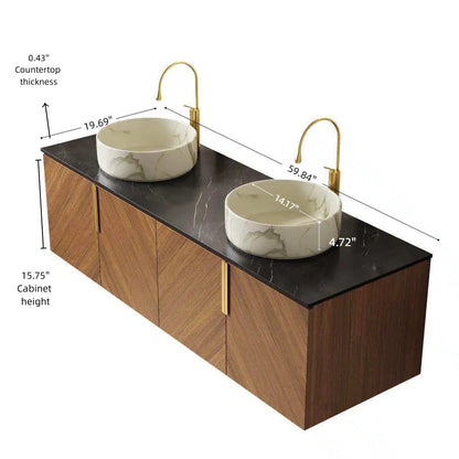 60' Bathroom Vanity with Sinks, Floating Plywood Cabinet 4 Doors Black Sintered Stone