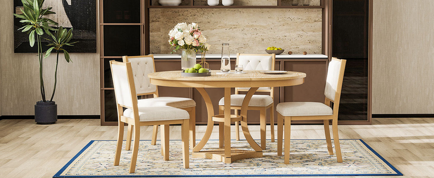 5-Piece Retro Functional Dining Table Set Extendable Round Table and 4