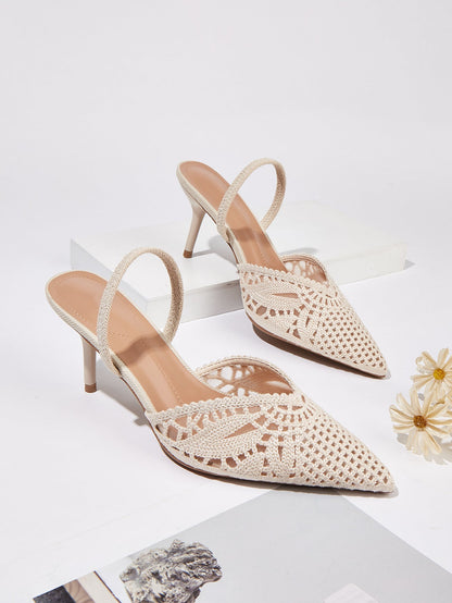 Women's Apricot Knit-Cutout Slingback Sandals, Pointed Toe, 6-8 cm Heel