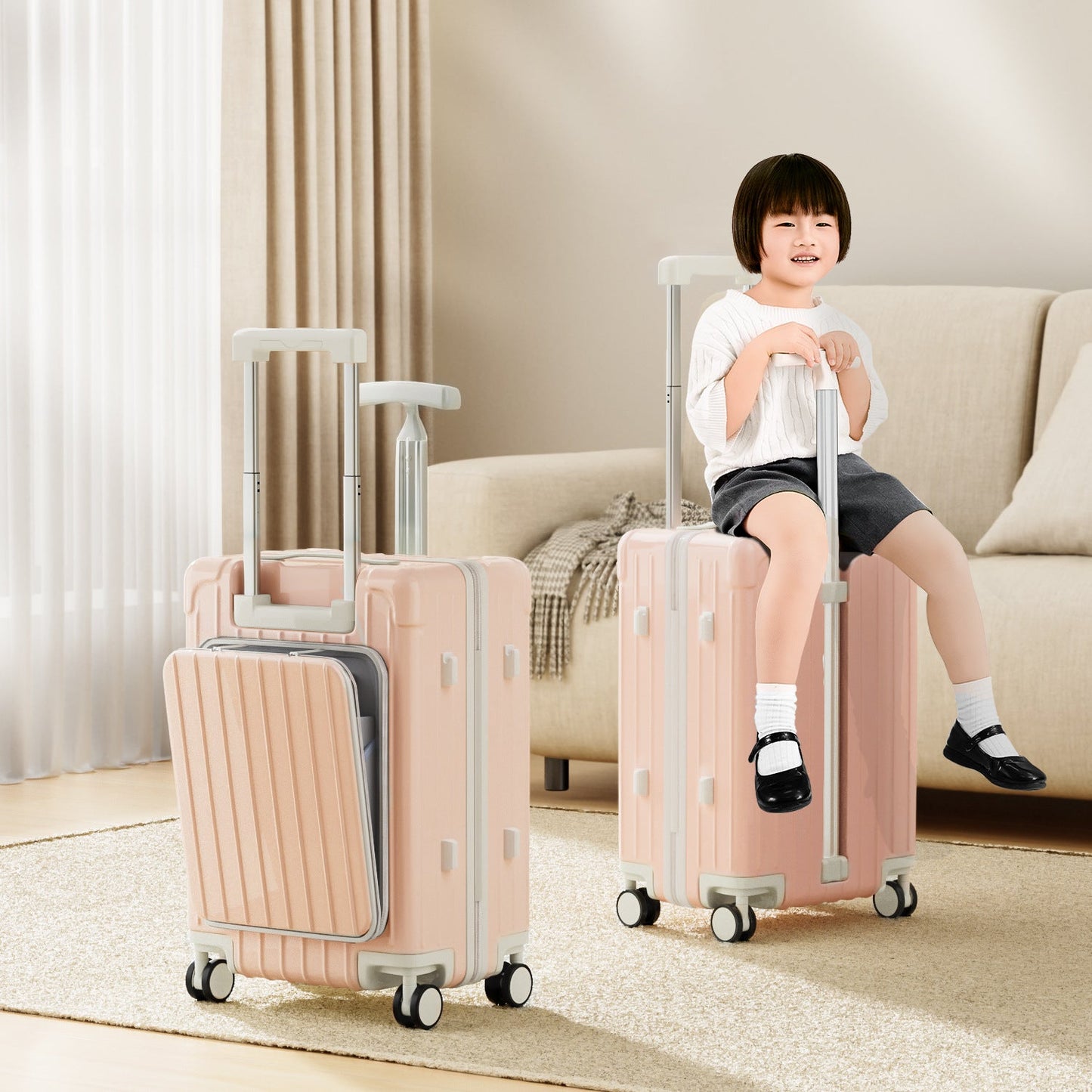 Double Pole Design Portable Luggage, Mother's Luggage, Children's Riding And Sitting Roller Luggage, Front Opening Luggage, Silent Rotating Wheels, Dry Wet Separation, T-shaped Handle Travel Bag