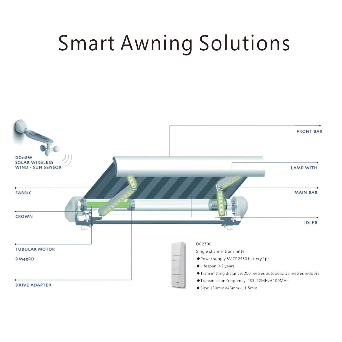 D8300 Full Box Retractable Awning 2-6m & 1.5-3m  Heavy Duty Motorized Patio Canopy With LED Light Remote  Smart Rain Wind Sensor