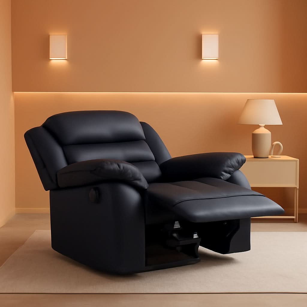 Black Bonded Leather Recliner With Overstuffed Arm And Back