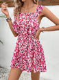 Sleeveless Square Collar Printed Elastic Waist Back Jumpsuit