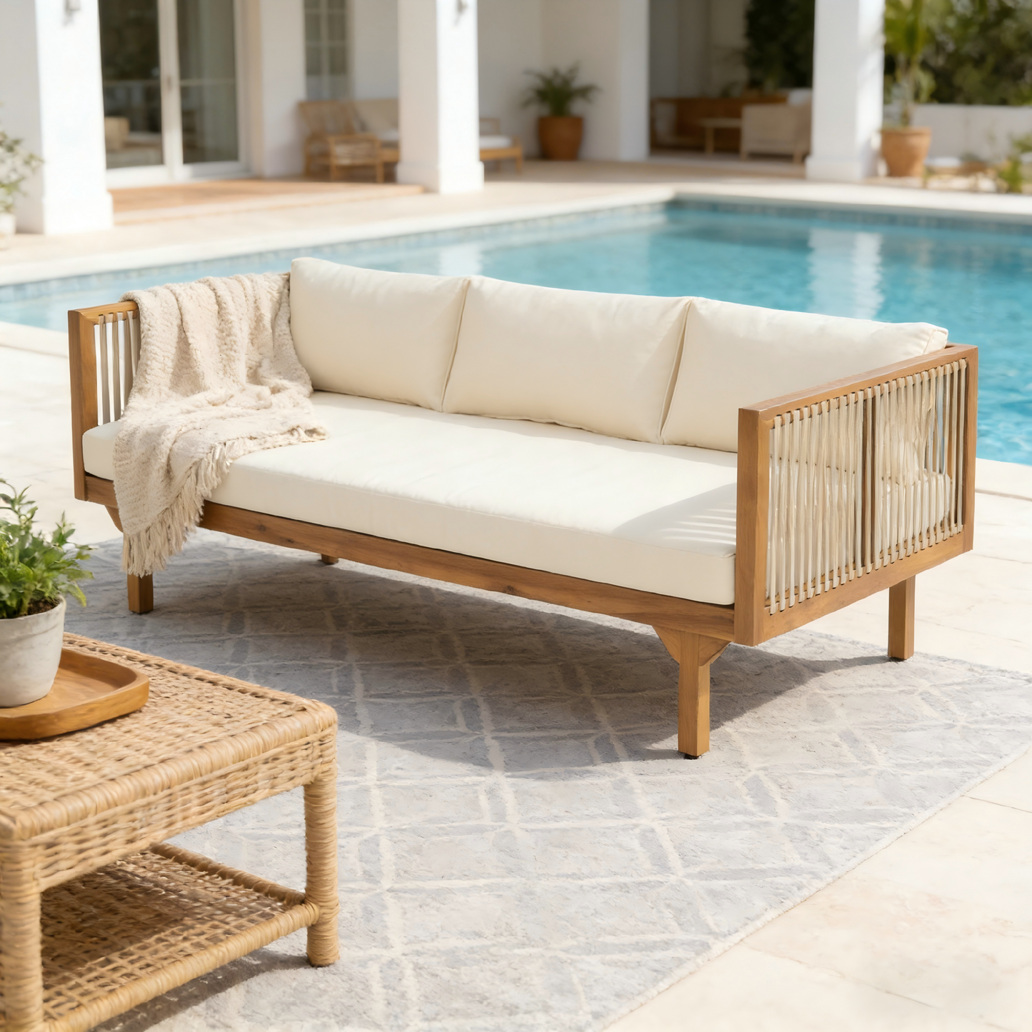 Outdoor Patio Sofa Acacia Wood Rope 67.5
