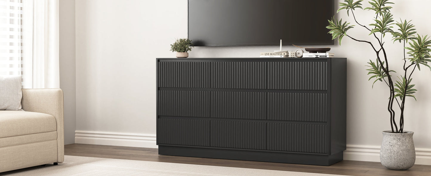 Mid-Century 9-Drawer Black Wave Dresser 59.1x15.7x31.6