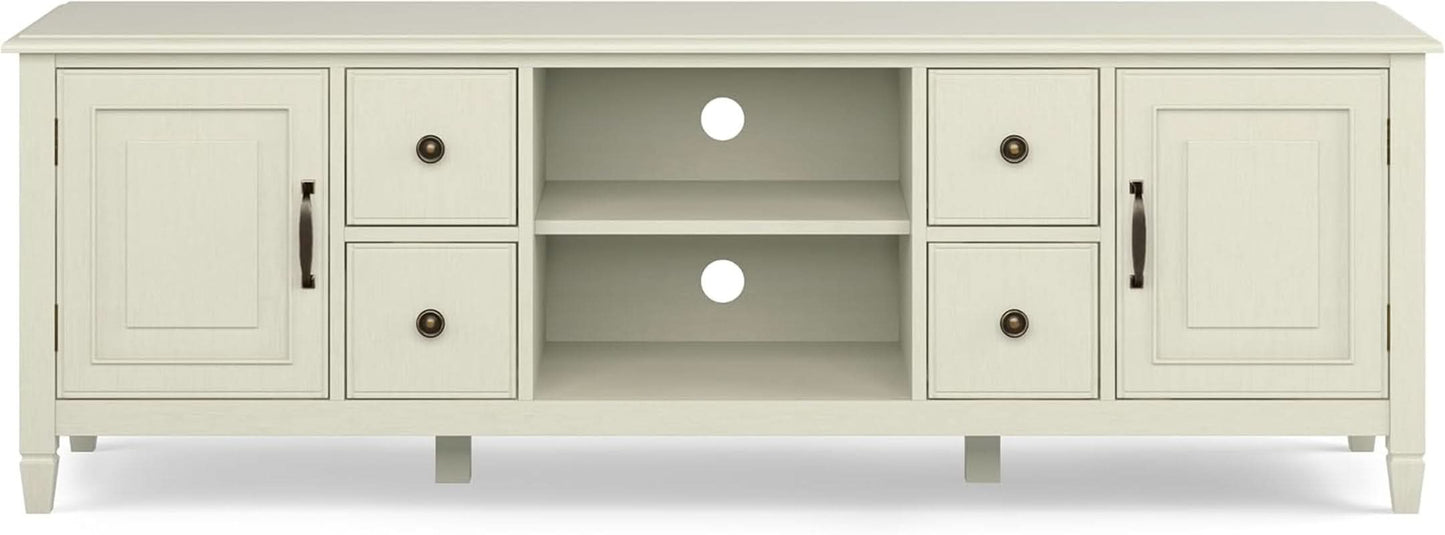 72 Inch Wide Solid Wood TV Stand Antique White With Storage
