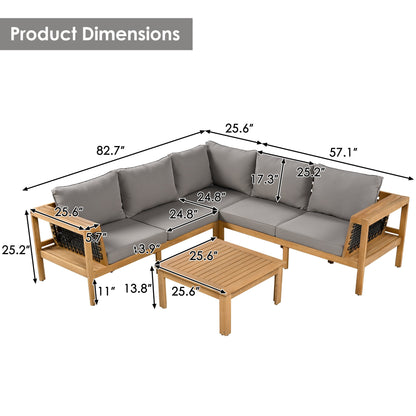 Outdoor Sofa Set Acacia Wood Rope Gray Cushion 4 Piece L-Shape Seats 6
