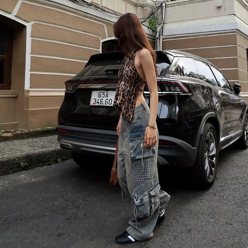 Elegant Halter-neck Backless Sequin Leopard-print V-neck Tank Top