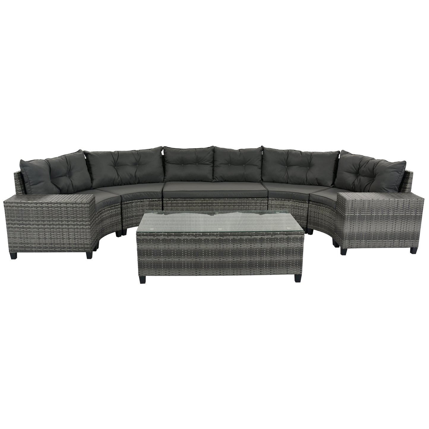 Outdoor Sectional Set PE Wicker Steel Gray Half Moon 8 Piece 250 LB