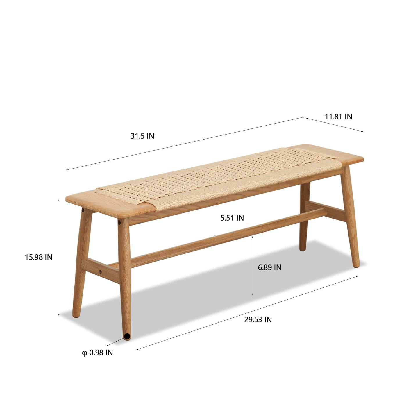 Dining Bench Solid Oak Handwoven Cane Seat Natural 31.5 In