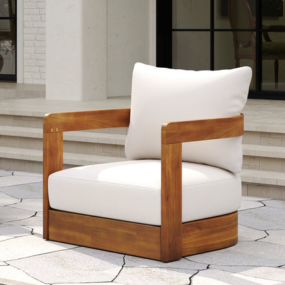 Outdoor Club Chair Acacia Wood Tub Shape Teak Beige Cushion