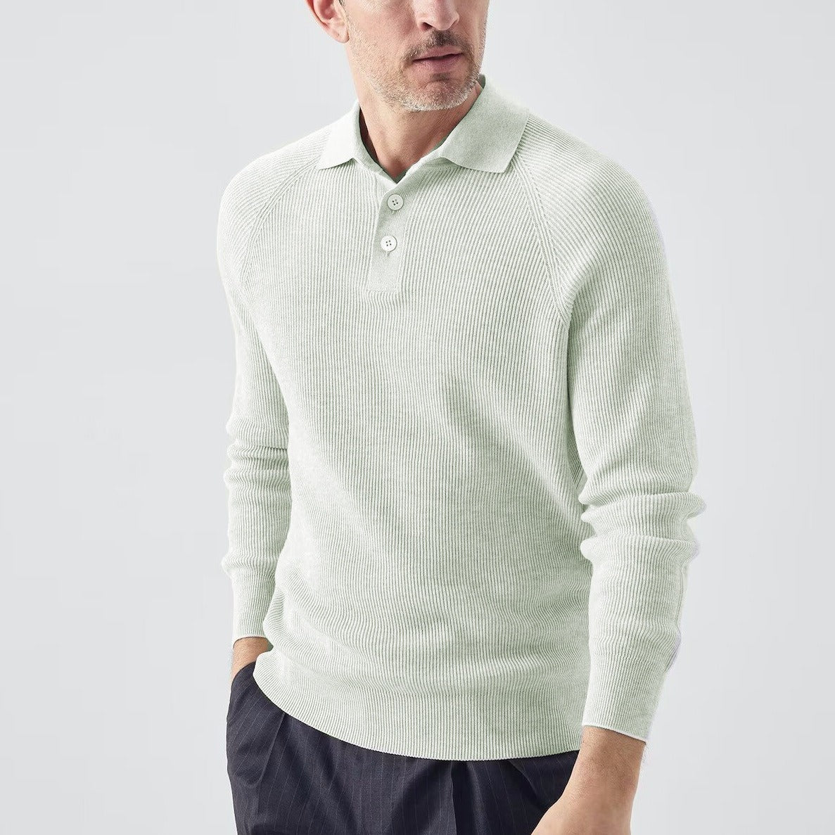 Mens Solid-Color Lapel Long-Sleeve Sweater Top