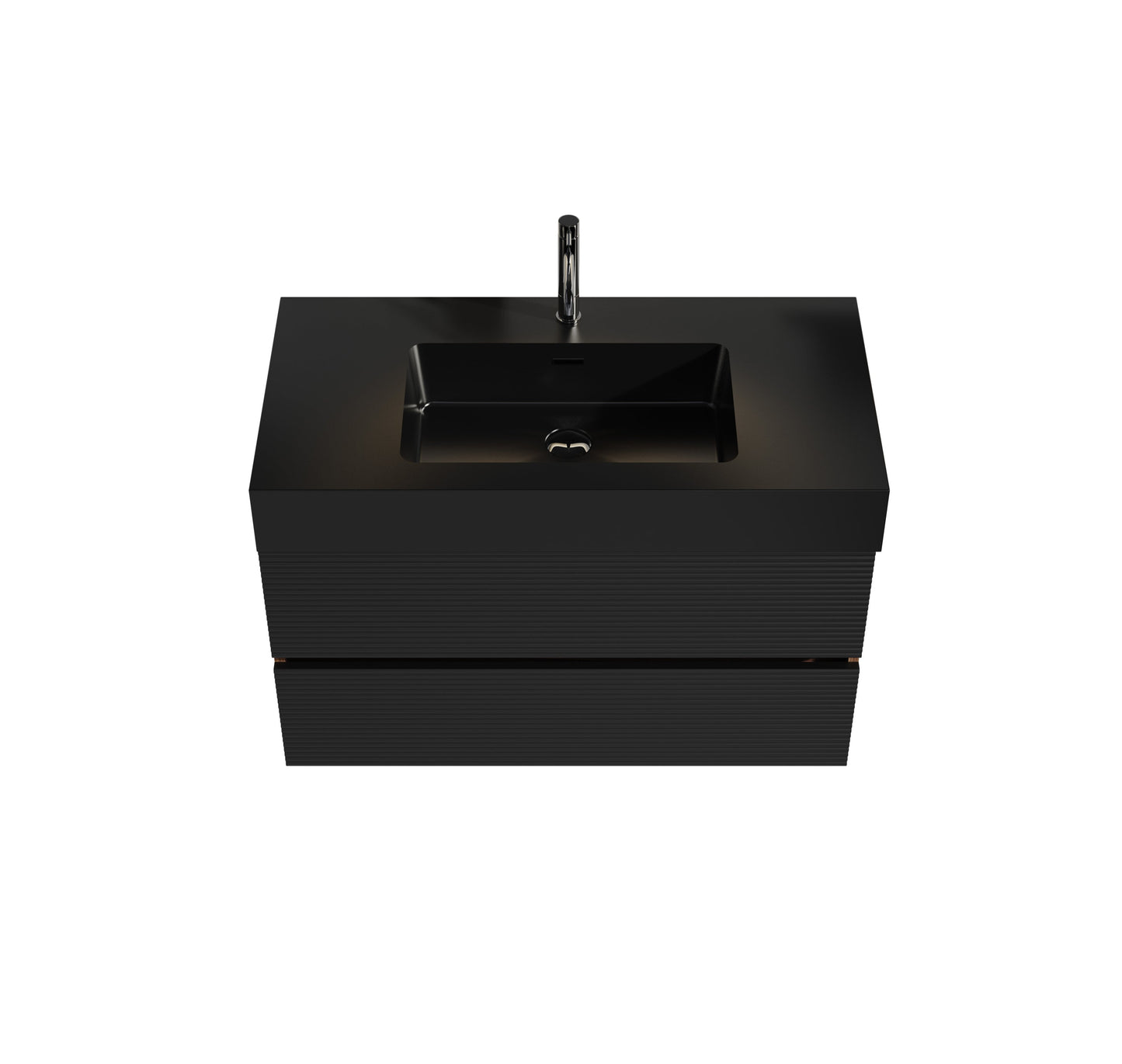 36' Walnut Bathroom Vanity with Matt Black Engineered Quartz Sink Soft Black Drawers