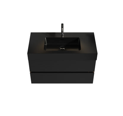 36' Walnut Bathroom Vanity with Matt Black Engineered Quartz Sink Soft Black Drawers
