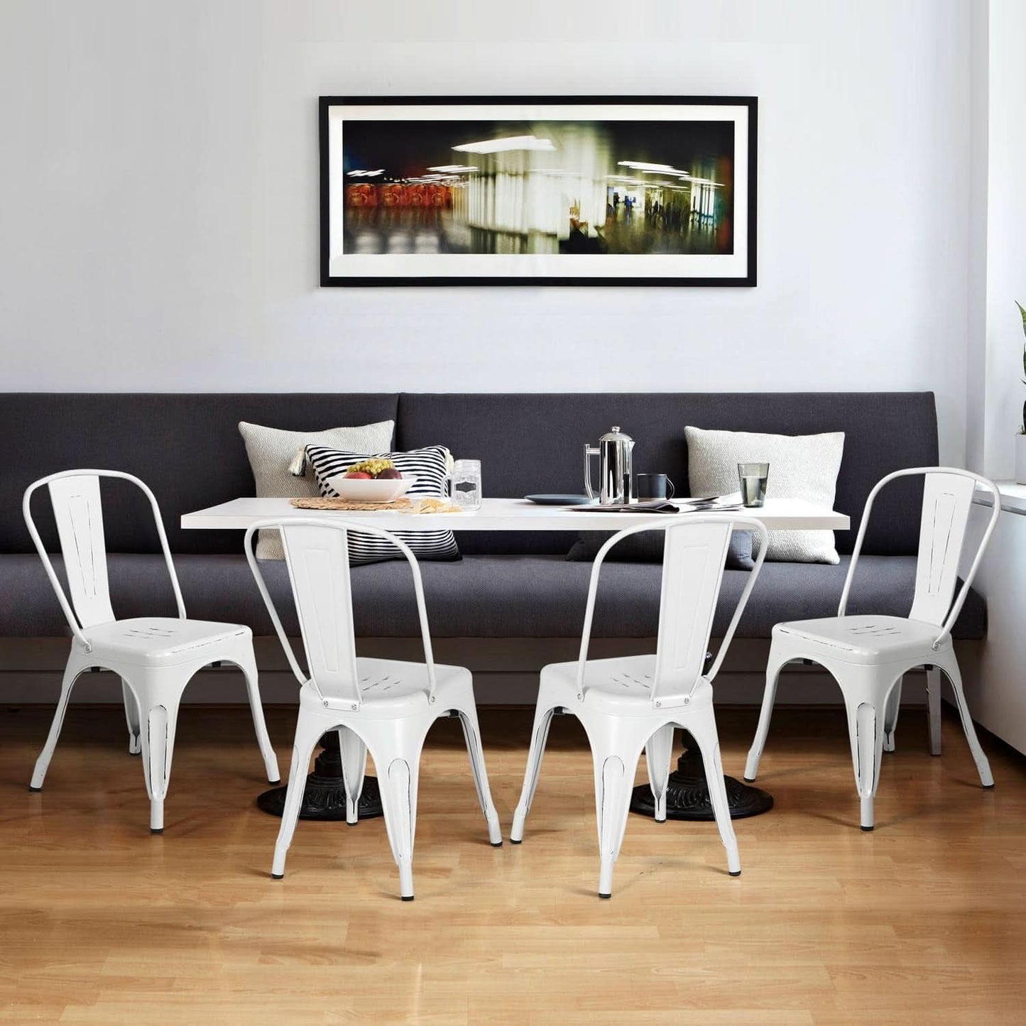Stackable Distressed White Metal Dining Chairs For Indoor Outdoor Set Of 4